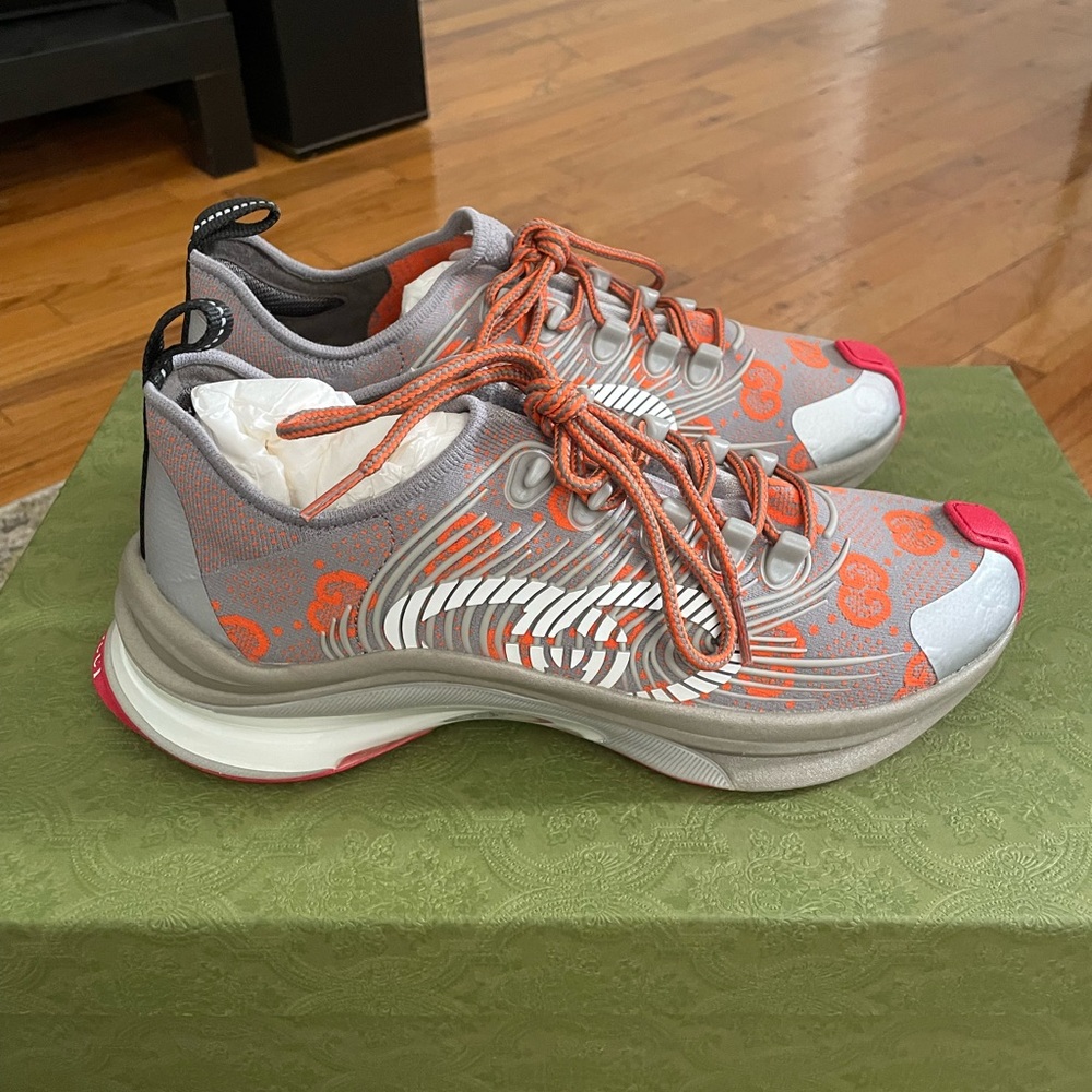 Brand New Gucci Run Sneakers grey red orange. Size Gucci 6.5